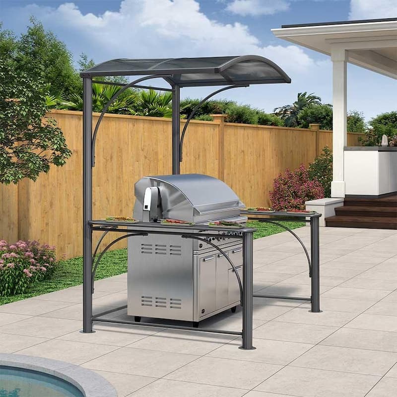 PURPLE LEAF Barbecue Grill Gazebo Aluminum Frame Grill Shelter with Shelves Hardtop with Hook Sunshade Grey