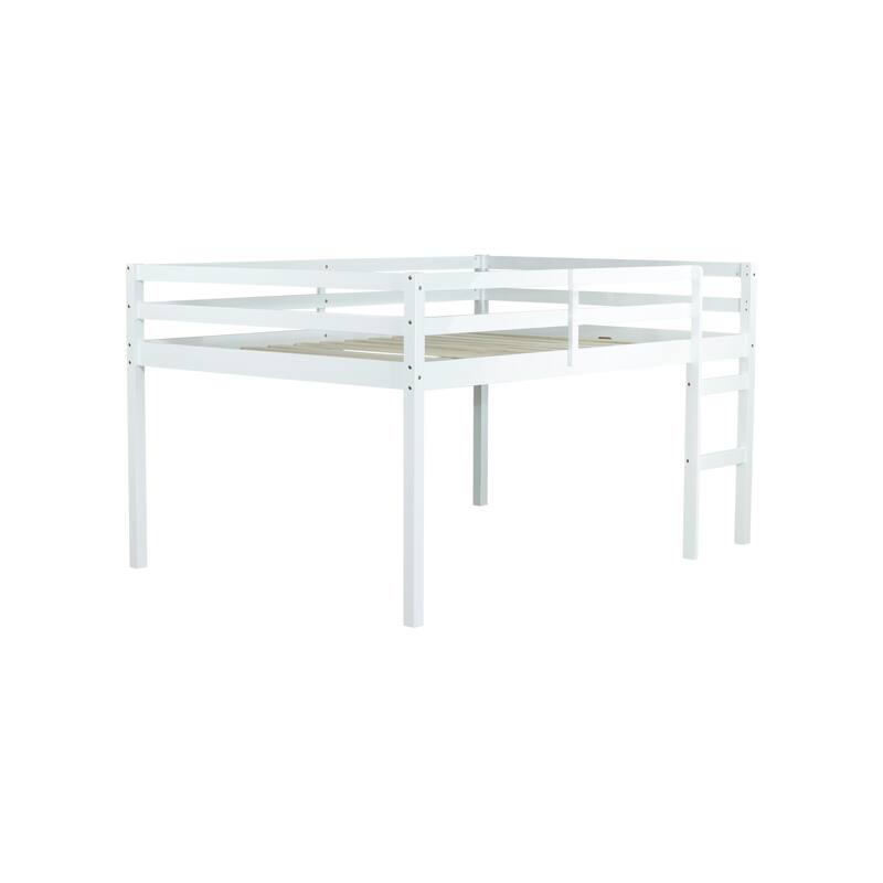 Roomfitters Full Rubber Wood Loft Bed with Ladder, Reinforced Slat Platform, Low Height Space Saving Design
