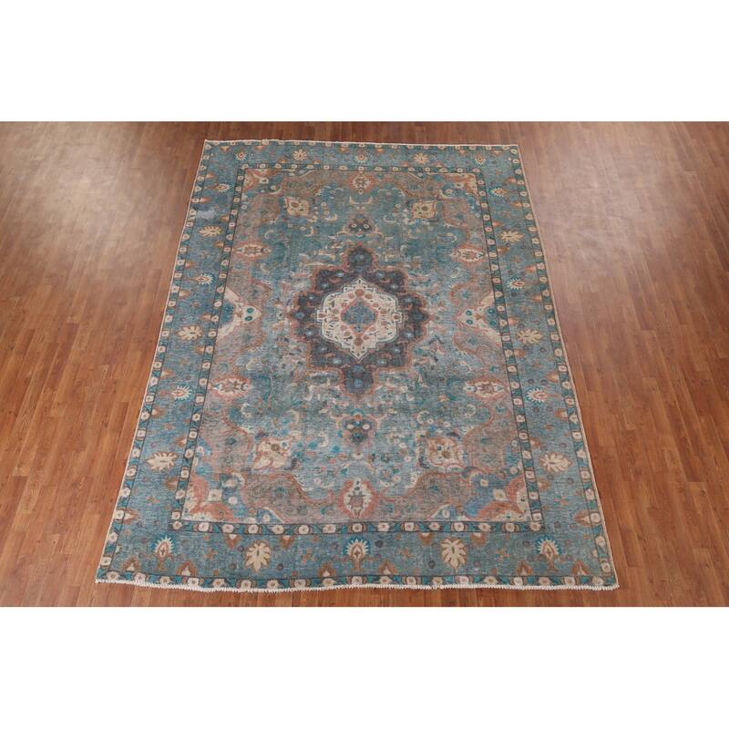 Distressed Blue Tabriz Persian Rug Handmade Wool Carpet - 8'1" x 10'11"