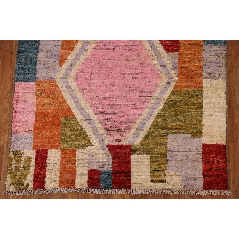 Hand Knotted Oriental 100% Wool Carpet Modern Geometric Multi-Colored Moroccan Area Rug - 8' 7'' X 5' 6''