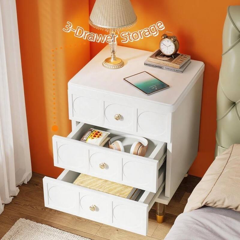 White Wood Nightstand with Gold Handles Acrylic Legs and 3 Drawers