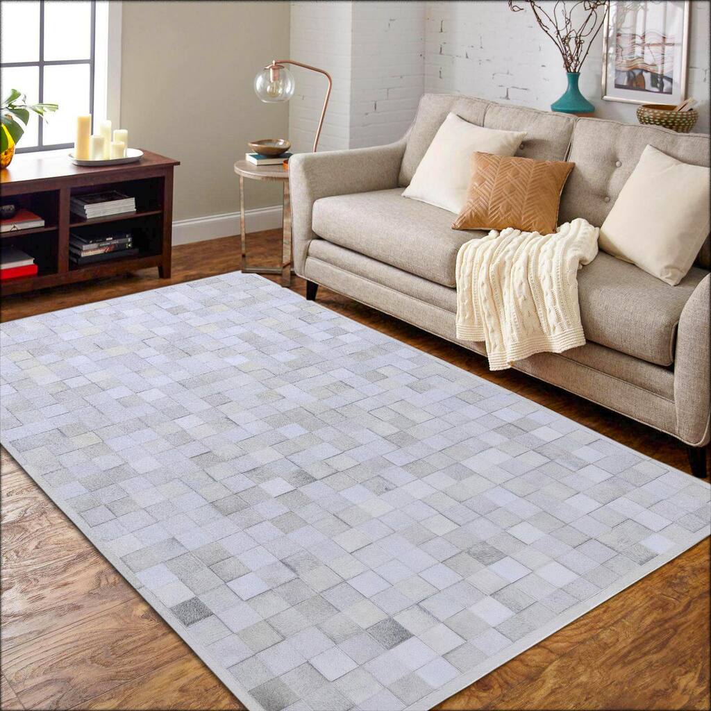 Handmade Ivory Patchwork Leather Area Rug by Tufty Home - 5' x 8'
