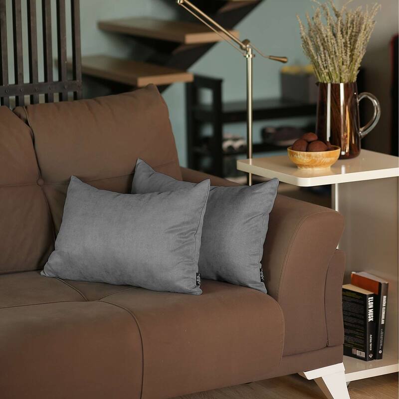 Set of 2 White Modern Lumbar Throw Pillows - Grey