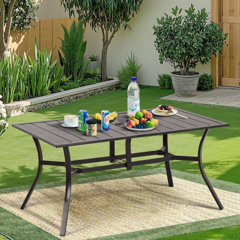 Aoodor Patio Dining Table for 6 People, Rectangular Metal Outdoor Dining Table with Adjustable Umbrella Hole - 59"x38"x29"
