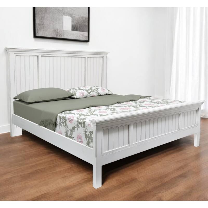 HomeRoots White Carved Geometric Distressed Solid Wood Queen Bed Frame - Queen