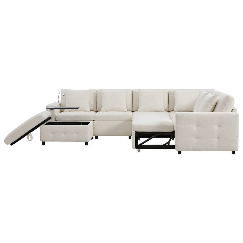Tufted Chenille Sectional Sofa with Pull-out Bed, Flip-up Table Panel, Reading Lamp, Charging Ports, Storage Ottoman, 6 Pillows