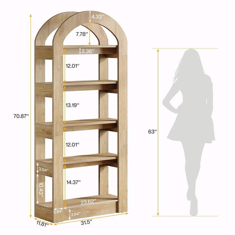 Modern Arched Bookshelf with 5 Shelves, Teak Finish MDF Storage Bookcase for Living Room or Office