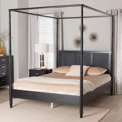 Marisela Canopy Bed with Synthetic Rattan Headboard - Black Wood Bed Frame with Bamboo-Inspired Posts