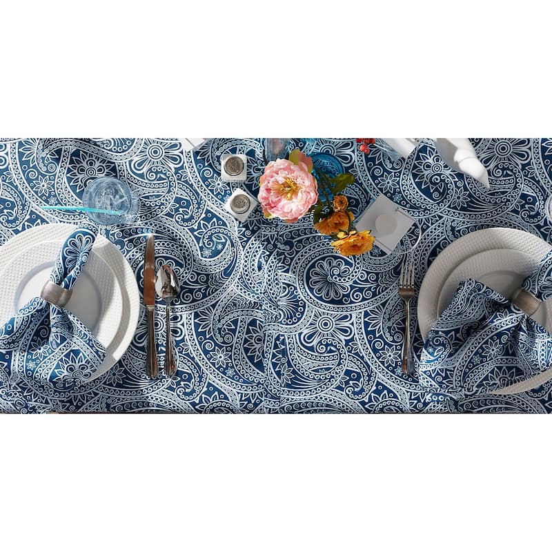 Paisley Zippered Rectangular Outdoor Tablecloth - 84" - Blue and White