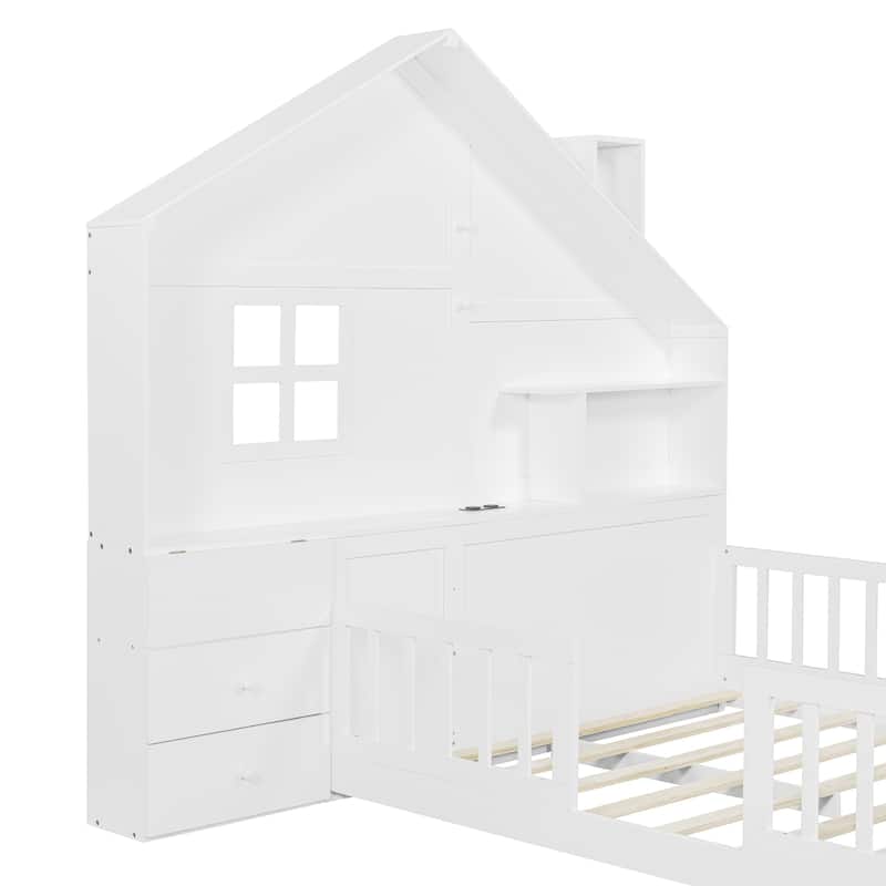 Roomfitters Twin/Full Size House Bed with Shelves, USB Port, Window Design and Side Compartments, White
