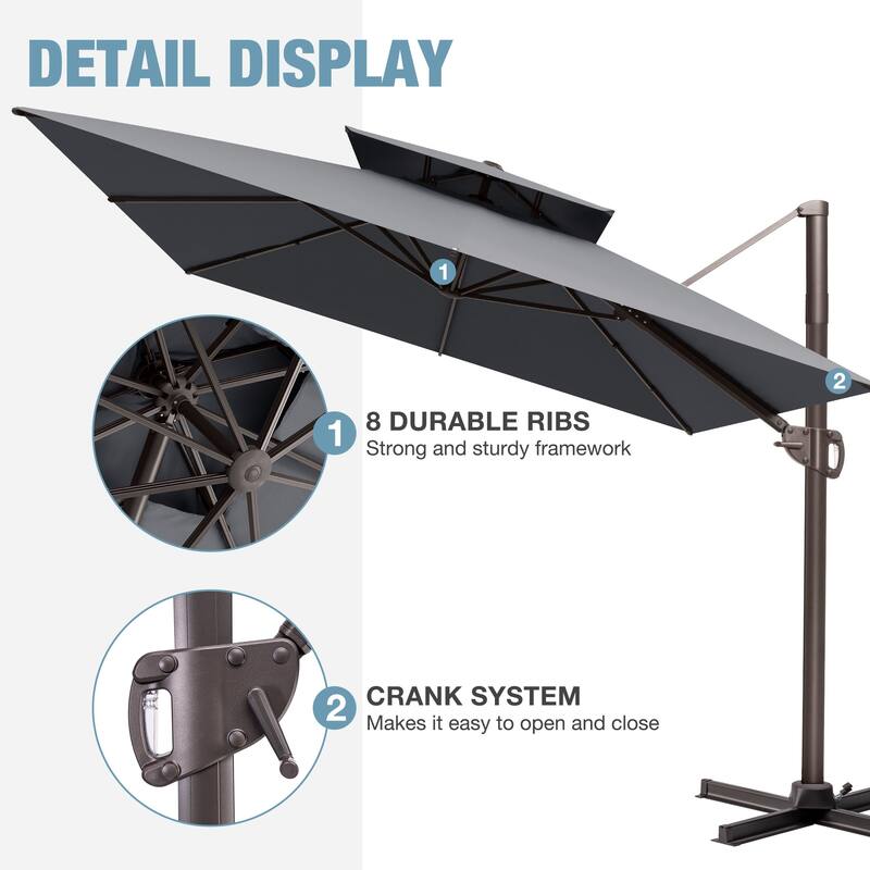 9 x 12 FT Outdoor Patio Double Top Rectangular Cantilever Umbrella with Wheel Base