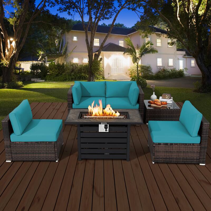 Costway 6PCS Patio Rattan Furniture Set 42'' Fire Pit Table Cover Sofa - See Details