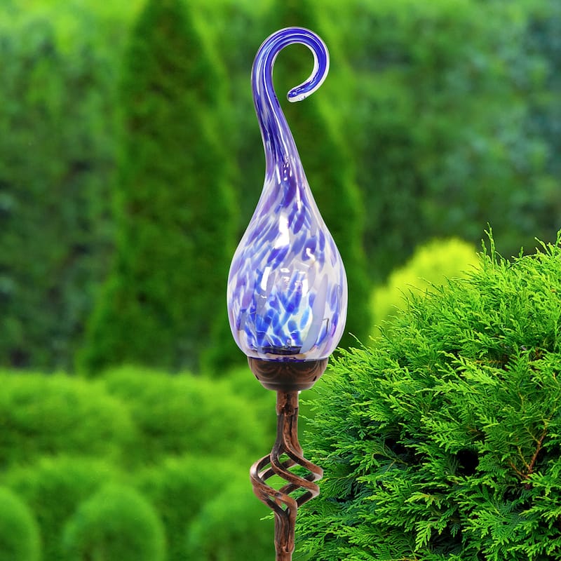 Exhart Solar Hand Blown Pearlized Glass Spiral Flame Garden Stake with Metal Finial Detail, 36 Inch