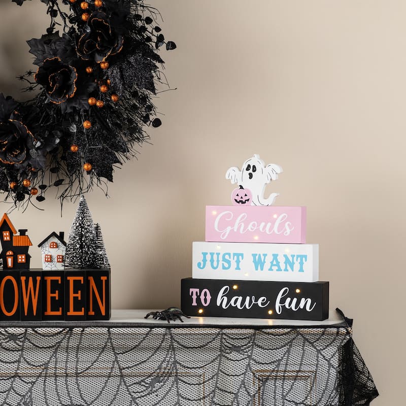 Glitzhome 11.75"H Halloween Lighted Pink Wooden Ghost Block Word Sign