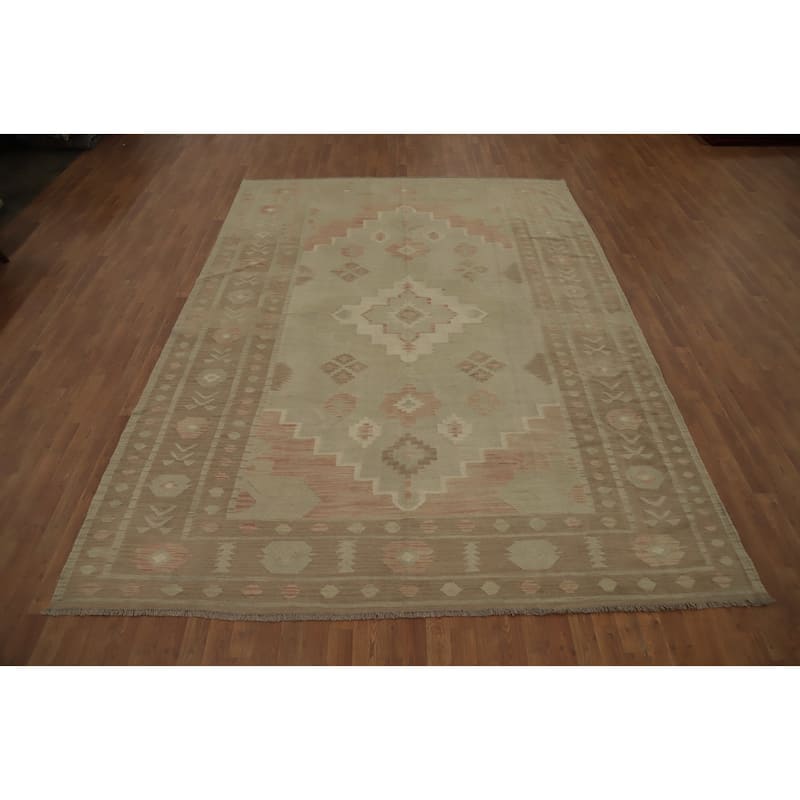 Hand Woven Oriental 100% Wool Carpet Southwestern Tribal Greys & Charcoal Kilim Area Rug - 12' 1'' X 8' 8''