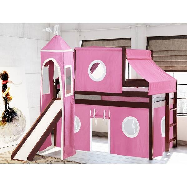 Jackpot Princess Low Loft Bed With Slide Pink White Tent And Tower Loft Bed Twin Cherry Overstock 25490881