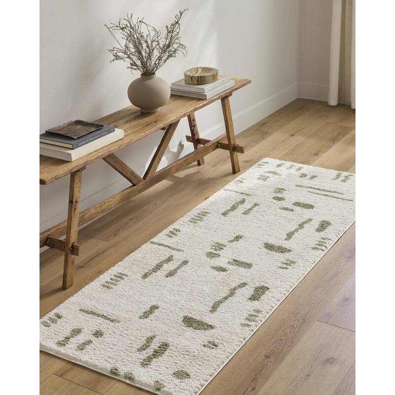 Livabliss Scandinavian Fossay Shag Stripe Washable Area Rug - 2' x 2'11" - Light Beige/ Grass Green