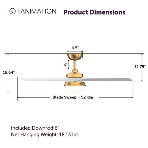 dimension image slide 1 of 2, Fanimation Barlow 52 inch Indoor/Outdoor Ceiling Fan with LED CCT Select Light Kit