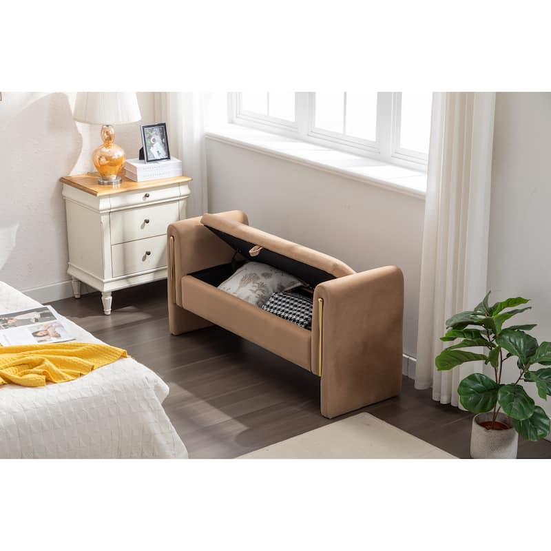53" Modern Storage Bench with 300lb Seating, Velvet Upholstered Bed Bench with Wood Legs Safety Hinge