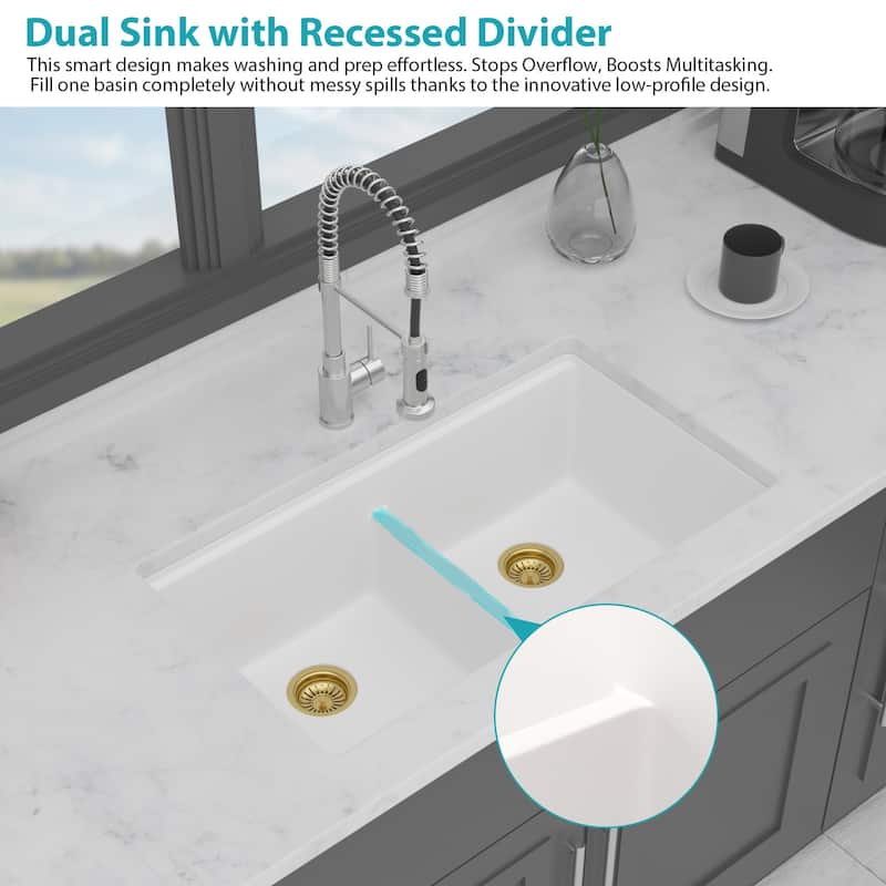 Undermount Double Bowl Quartz Kitchen Sink in White - 33'' x 19'' x 9.65''