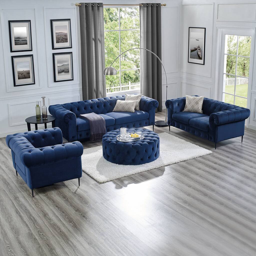 Corvus Prato 4-piece Velvet Rolled Arm Chesterfield Sofa and Ottoman ...