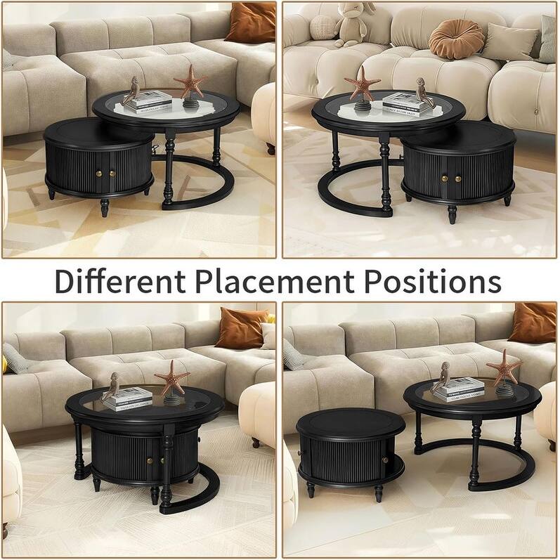 Nesting Table for Living Room, 31.5'' Coffee Table Fluted Set of 2, Tempered Glass Solid Wood Tabletop