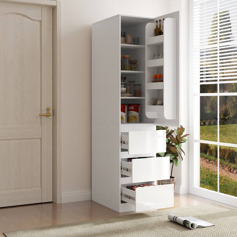 Roomfitters Kitchen Pantry Storage Cabinet with Glass Doors and Pull-Out Shelves, Modern Tall Food Pantry Cabinet, Walnut - White
