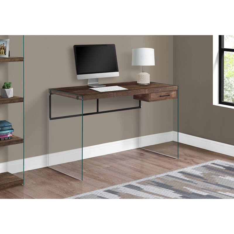 Computer Desk, Home Office, Laptop, Storage Drawers, 48"l, Work, Brown Laminate, Clear Tempered Glass, Contemporary