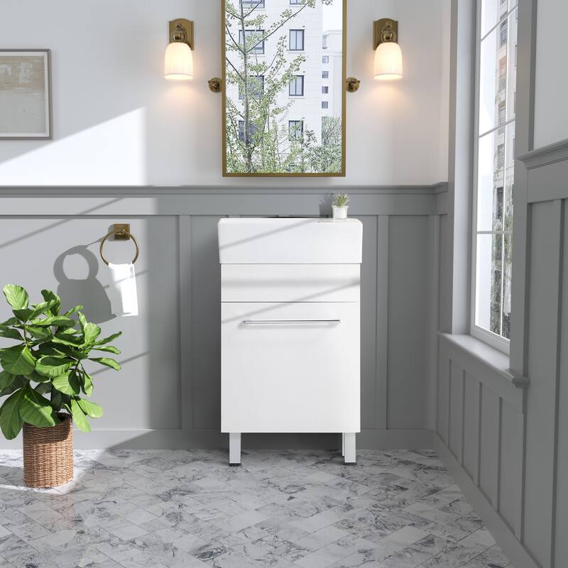 Compact Wall-Mounted Vanity with Pre-Drilled Ceramic Sink and Overflow Hole - 18.5in L