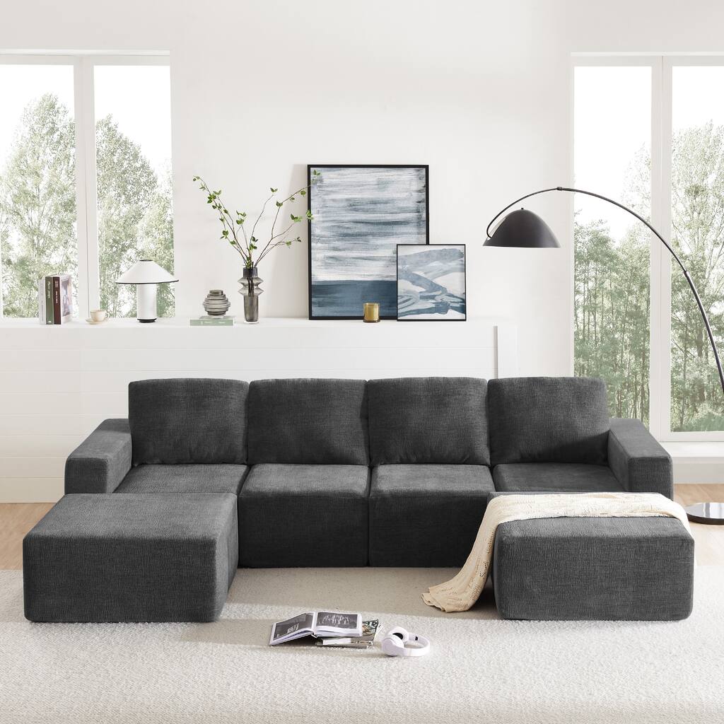 Modular U Shaped Sectional Sofa,Luxury Chenille Floor Couch Set,Foam-Filled Sleeper Sofa Bed,Free Combination,Dark Gray