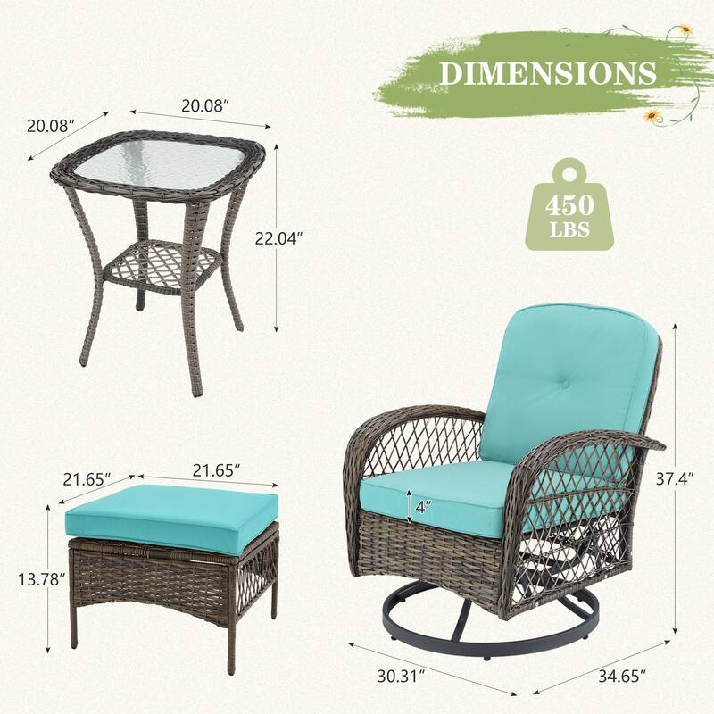 360° Swivel Rocking Patio Chairs Set with Thick Cushions & Tempered Glass Table | Indoor Living Room / Balcony| 3/5-Piece