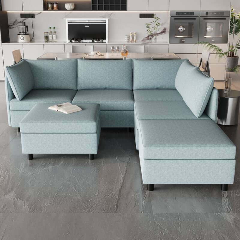 68'' L-Shaped 6 Seater Sectional Sofa with Storage, Ottoman, Convertible Design and Comfortable Cushions - Antique Blue