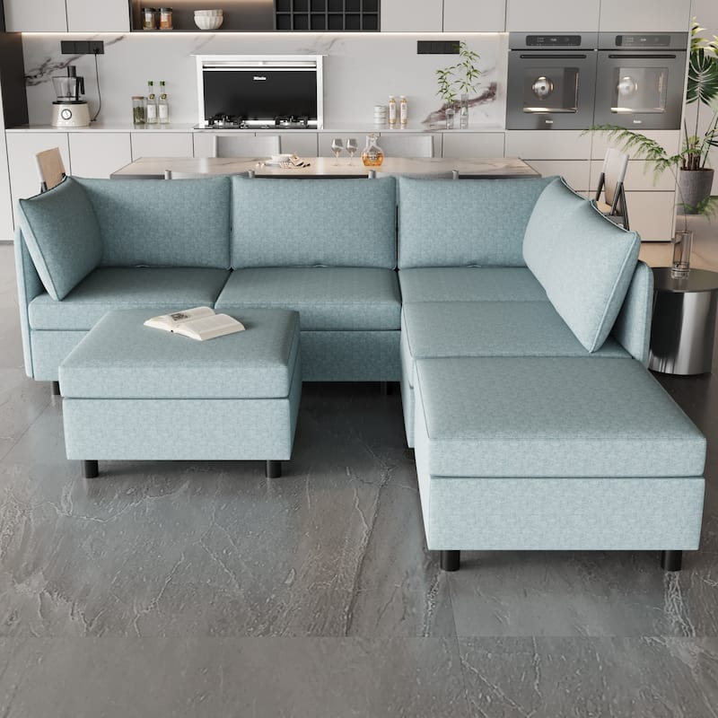Blue 68'' L-Shaped 6-Seater Sofa with Storage and Ottoman - Antique Blue