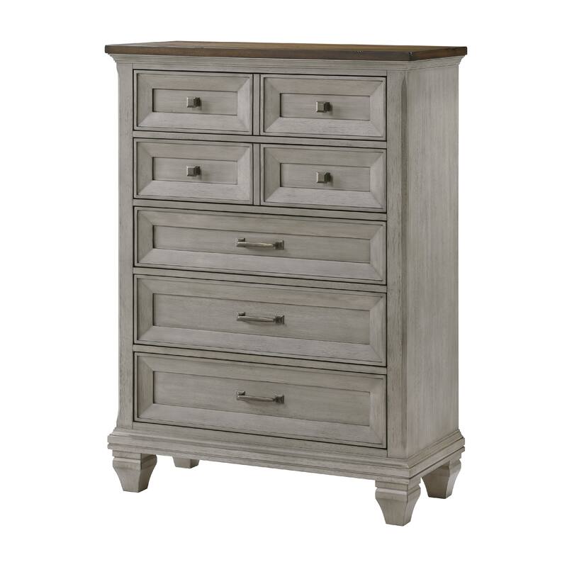 Giny Tall Dresser Chest, 5 Drawers, Brown and Antique Gray Acacia Wood