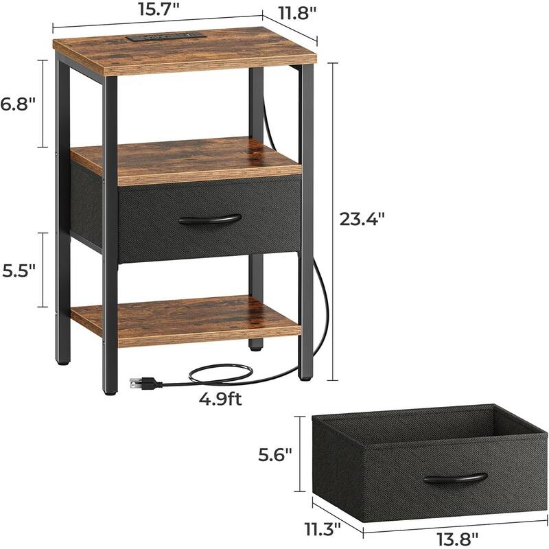 Nightstand Set of 2 Or 1 with Charging Station and USB Ports, Storage End Table with Fabric Drawer, Night Stand for Small Spaces