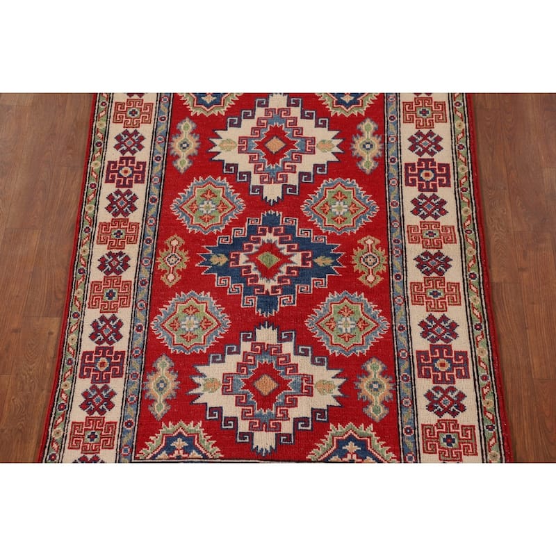 Geometric Kazak Oriental Accent Rug Handmade Red Wool Carpet - 3'3"x 5'0"