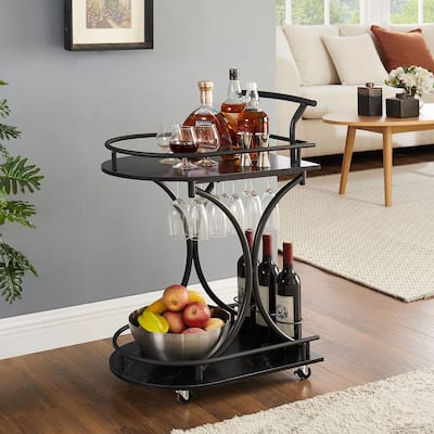 Black 2-Tier Bar Cart, Retro Style Wine Cart with Slide Bar, Wine Rack, and Glass Holder, Rolling Drink Trolley for Dining Room