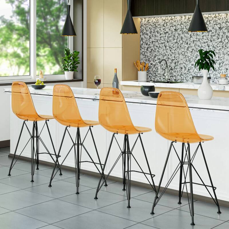 Cresco Acrylic Barstool in Brushed Black Steel Base with Ergonomic Seat, Footrest, & Floor Pads for Kitchen or Home Bar Set of 2