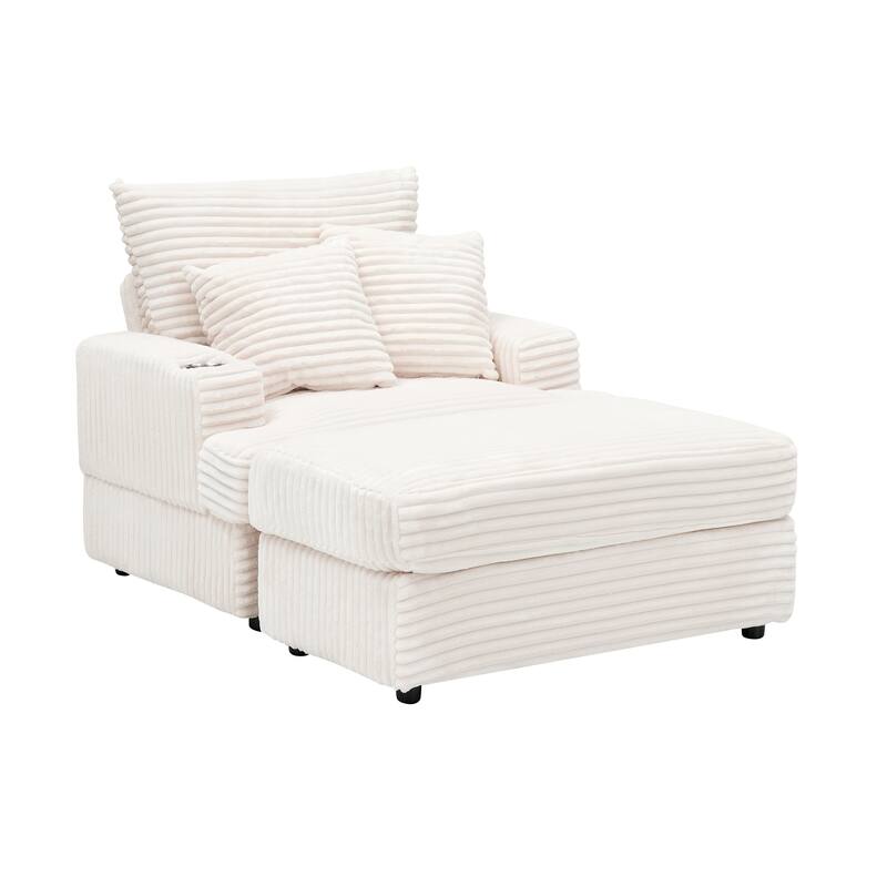 White 39.37" Corduroy Upholstered Single Armchair Sofa with Ottoman and Cup Holder for Lving Room