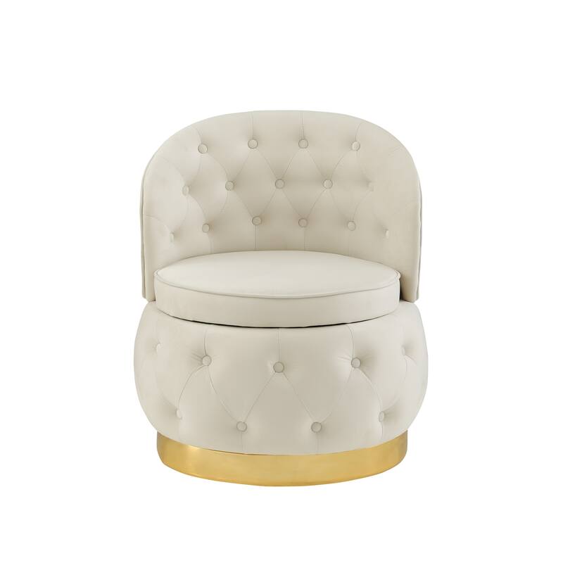 Modern 25.2" Velvet 360° Swivel Buttons Tufted Barrel Chair with Gold Stainless Steel Base and Storage - Beige