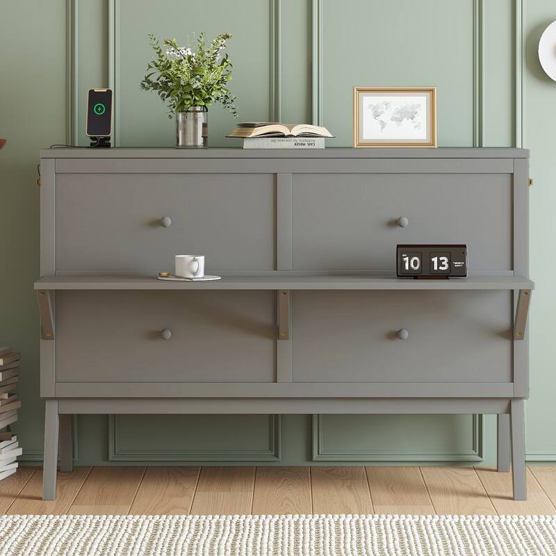 Queen Size Murphy Bed with USB Port and Removable Shelves on Each Side, Solid Pine Murphy Cabinet Bed for Home Office