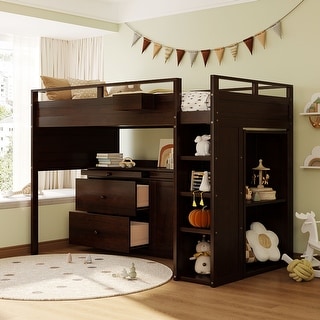 Espresso Twin Size Pine Wood Loft Bed with Rolling Cabinet and Desk, Storage Stairs, Full-Length Guardrail