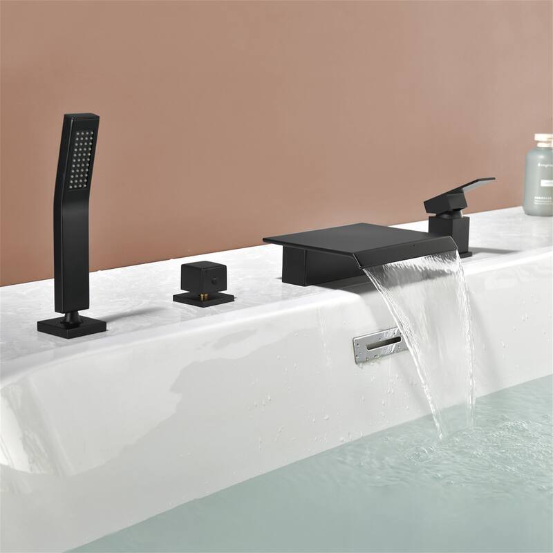 Waterfall Deck Mount Tub Faucet with Handheld Shower Brass 4 Holes Modern Bathtub Filler with Hand Sprayer