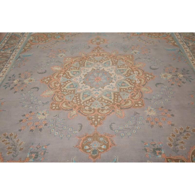Tabriz Persian Vintage Rug Hand-Knotted Traditional Gray Wool Carpet - 9'5"x 12'4"