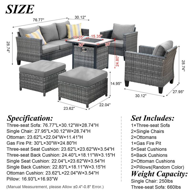 OVIOS 6-piece Patio Outdoor Wicker Conversation Set With 30" Fire Pit