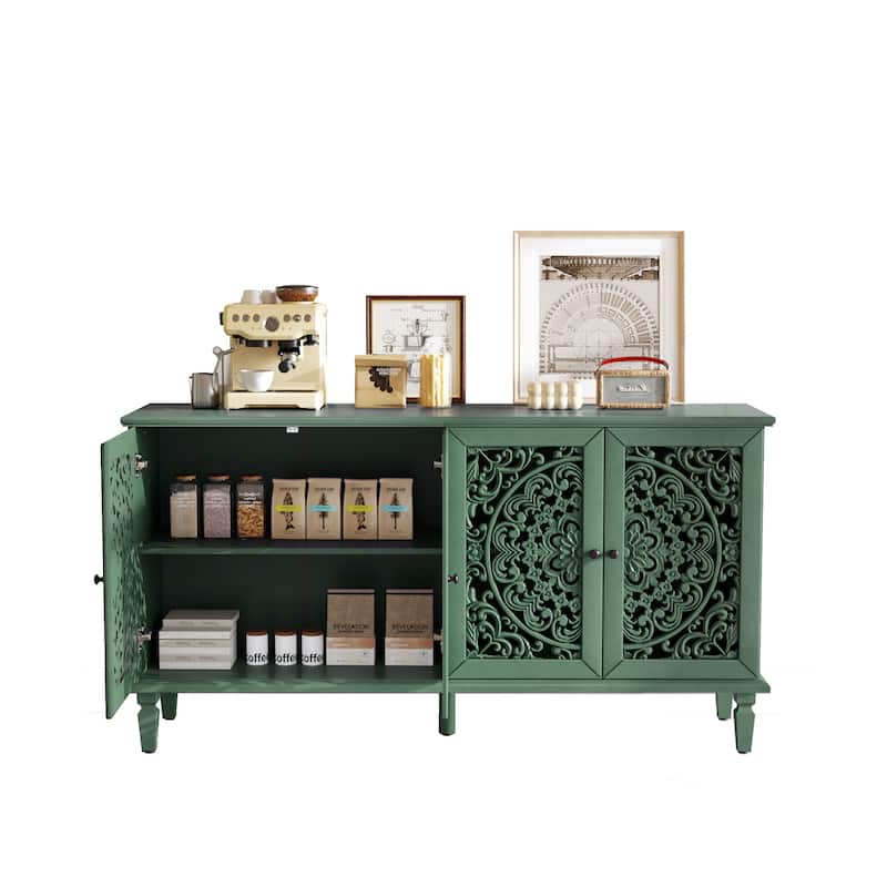 TV Stand Sideboard, Buffet Cabinet with Floral Carvings, Wood Storage Cabinet with Adjustable Shelves