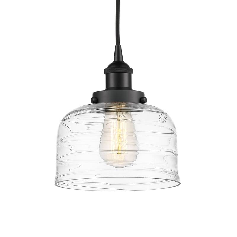 Innovations Lighting 616-1PH-10-8 Bell Pendant Bell 8" Wide Mini - Matte Black / Clear Deco Swirl