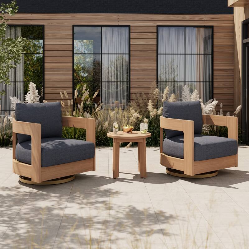 Outdoor 3-Piece Swivel Chair Conversation Set and Coffee Table in Eucalyptus Wood - Black