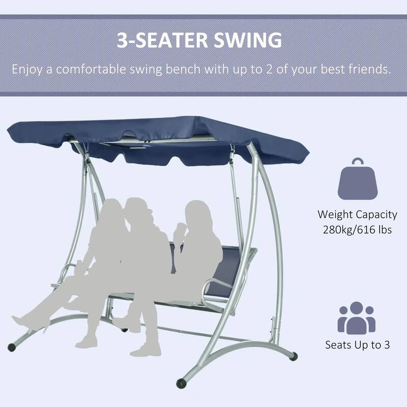 3-Seat Porch Swing, Adjustable Canopy, Breathable Seat, Steel Frame
