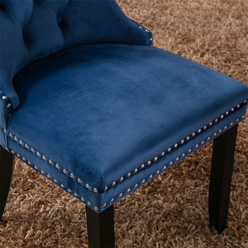 Velvet Upholstered Dining Chair with Wood Legs and Nailhead（Set of 2) - N/A